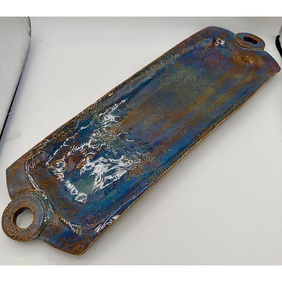 Handmade Raku-Style Ceramic Platter — Iridescent Blue & Copper Swirl Pattern - Picture 3 of 12